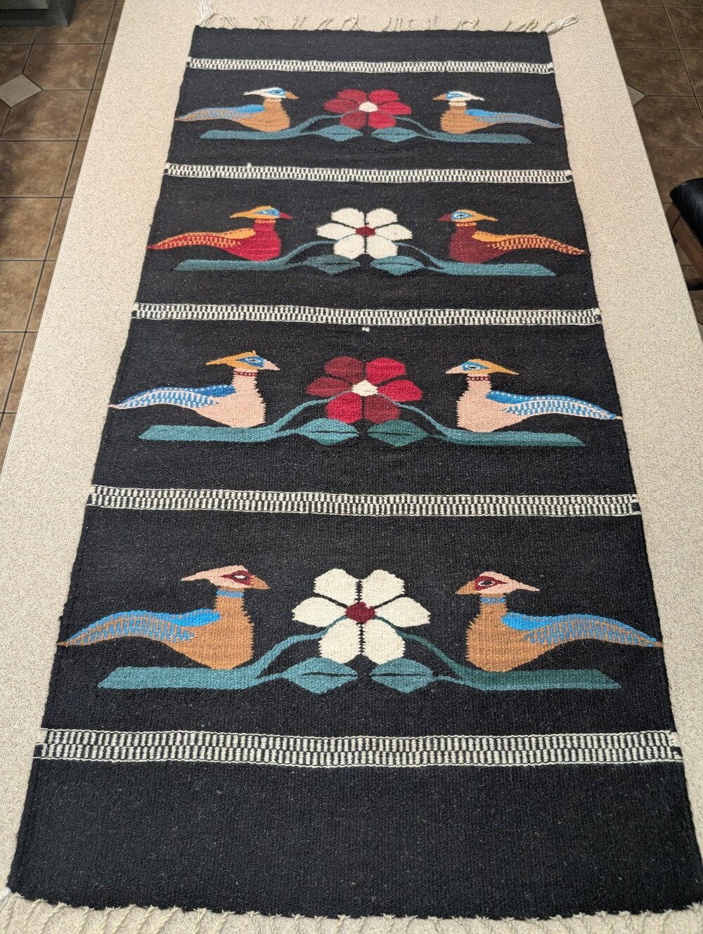 Zapotec Wool Hand Woven Black Rug With Bird Motif 58" X 28"
